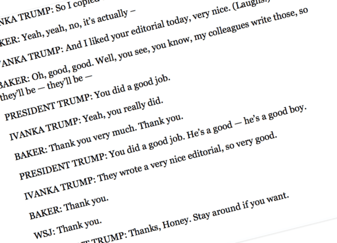 An actual section of the leaked full transcript of a Wall Street Journal interview of Trump in 2017, which included then-editor-in-chief Gerard Baker.
