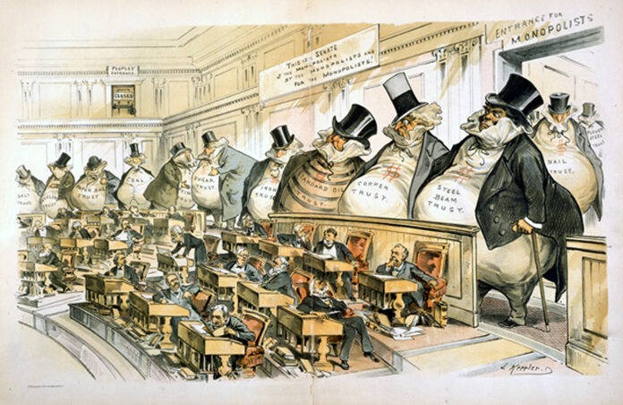 A political cartoon from the muckraking era, by Joseph Keppler for Puck.