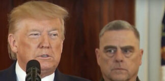 Trump at the White House on January 8, 2020, with Gen. Mark MIlley, chairman of the Joint Chiefs of Staff.