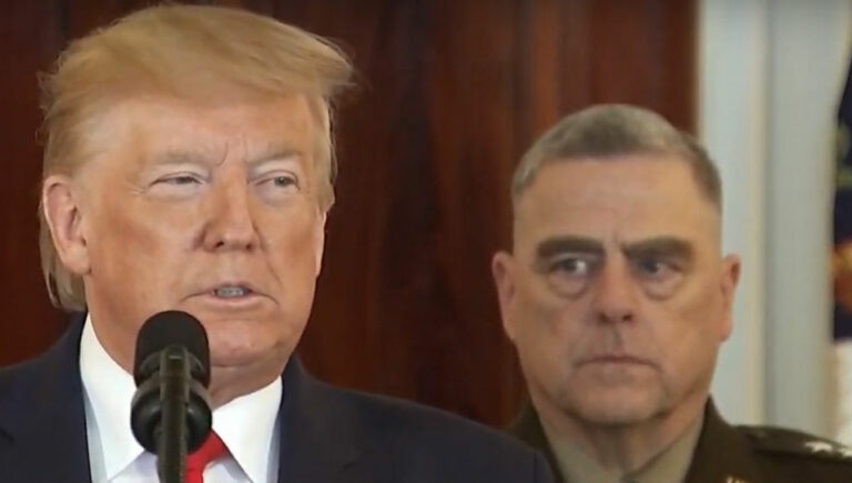 Trump at the White House on January 8, 2020, with Gen. Mark MIlley, chairman of the Joint Chiefs of Staff.