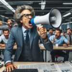 a man in his 50s with curly hair and glasses shouting through a megaphone in a modern newspaper newsroom full of startled reporters