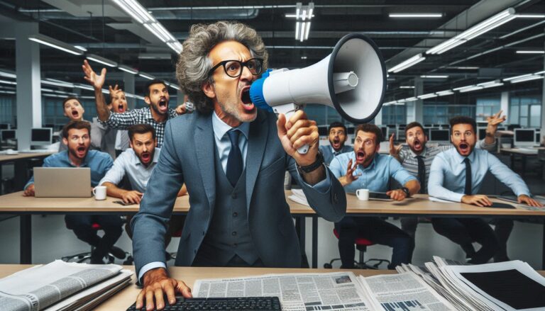 a man in his 50s with curly hair and glasses shouting through a megaphone in a modern newspaper newsroom full of startled reporters