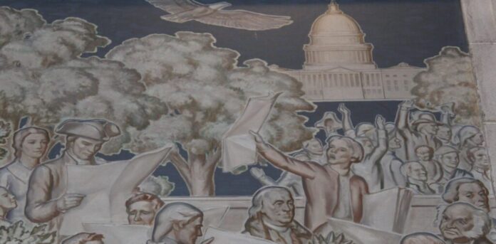 Detail from a mural in the Library of Congress: “Educate and inform the mass of the people.”