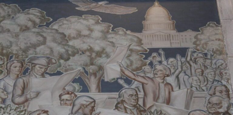 Detail from a mural in the Library of Congress: “Educate and inform the mass of the people.”