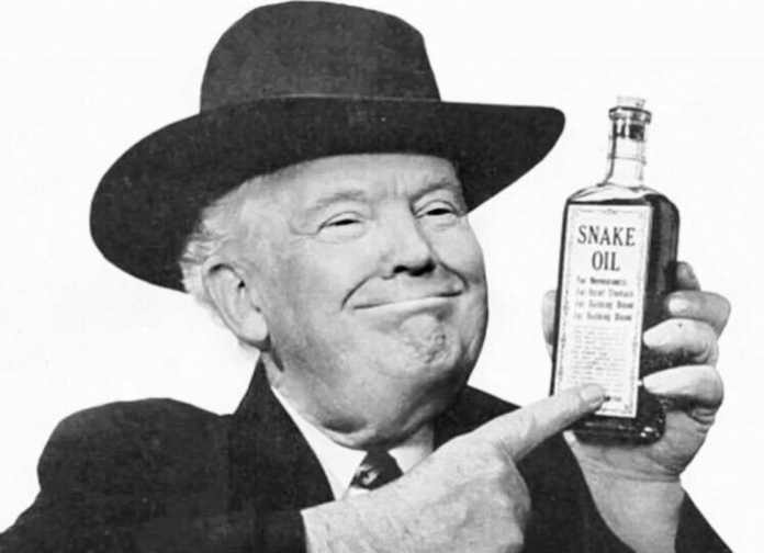 Trump as snake-oil salesman.