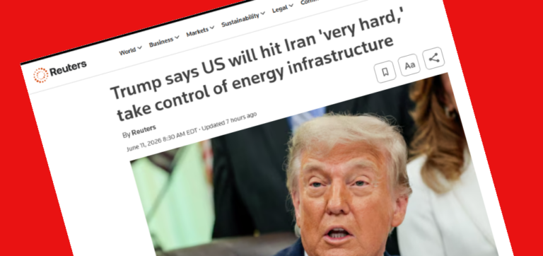 Reuters headline: "Trump says US will hit Iran 'very hard,' take control of energy infrastructure"